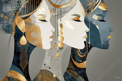 John Joseb Art (Aluminium) 120x80 | Vrouwen gezichten met sieraden, minimalisme, abstract, kunst, oorhangers, juwelen, goud, grijs, blauw, bruin, modern | foto-schilderij op dibond, metaal wanddecoratie