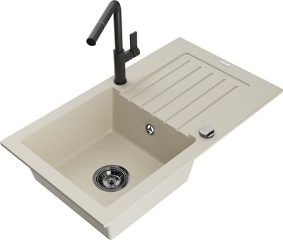 Mexen Pablo granieten spoelbak 1-kompromi met afdruiprek en keukenmengkraan Flora, beige - 6510-69-670401-70-B