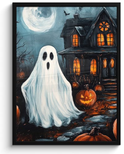 Poster in lijst - Fotolijst 50x70 cm - Posters - Halloween - Spookhuis - Pompoen - Spook - Posterlijst zwart - Decoratie - Wanddecoratie woonkamer - Muurdecoratie slaapkamer