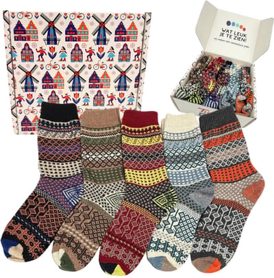 Tutti Footi - 5 paar Warme Sokken met Wol set Sylv- maat 35-39 - Kleurig Noors Design - Hyggy/Huissokken/Wandelsokken