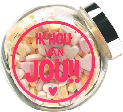 Snoeppot Gevuld met Hartjes Snoep | Tekst: 'Ik hou van jou' | Romantisch Cadeau Vrouw/Man | Valentijn & Jubileum Geschenk | Moederdag | Zomaar
