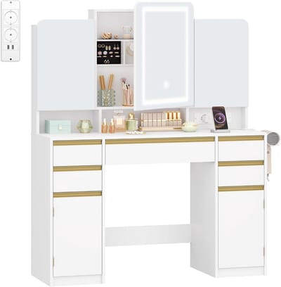 Grote Kaptafel met Spiegel en 10 LED Lampen - Make-up Tafel met Veel Opbergruimte