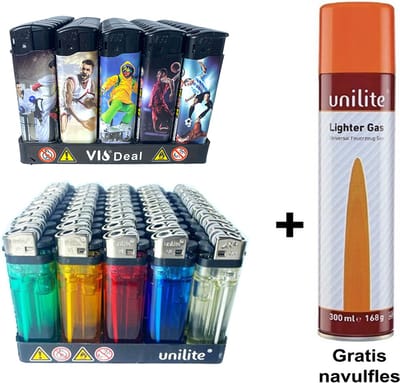 50 stuks Aanstekers navulbaar + 50 stuks wegwerp aansteker en Gratis gasfles - Unilite lighter