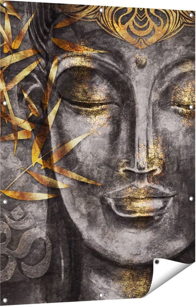 Gards Tuinposter Gouden Boeddha van Aquarel - Abstract - 90x120 cm - Tuindoek - Tuindecoratie - Wanddecoratie buiten - Tuinschilderij