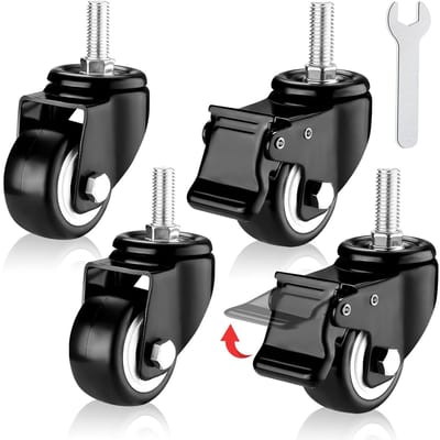 Zwenkwielen, 40 mm, draaibare transportwielen, zware wielen met rem, meubelwielen, rubber met ringsleutel, wielen voor zware lasten met rem, voor palletmeubels, kribben, meubels (2 remmen/2