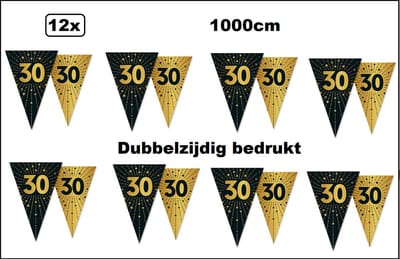 12x Luxe Vlaggenlijn 30 jaar 10 meter goud/zwart - dubbelzijdig bedrukt - Jubileum verjaardag thema feest