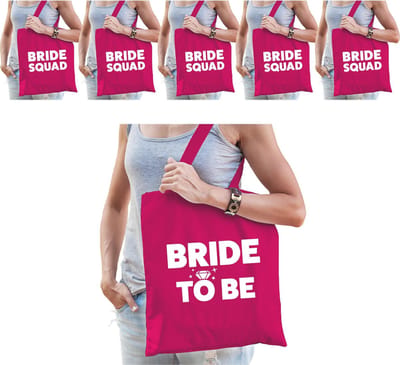 Pakket Vrijgezellenfeest vrouw tasjes/ goodiebag - 1x Bride to Be roze + 5x Bride Squad roze - Vrijgezellen dames
