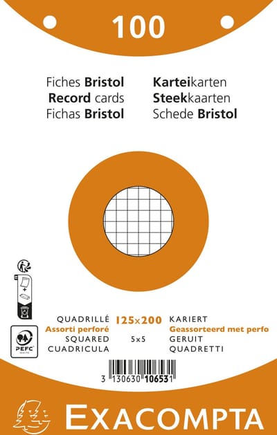Exacompta 12x Pak 100 steekkaarten in folie - bristol geruit 5x5 geperforeerd - 125x200mm - Geassorteerd - 10653E