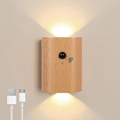 Accu wandlamp met Bewegingsmelder en Oplaadbare Led - Houten Wandlamp voor Binnen