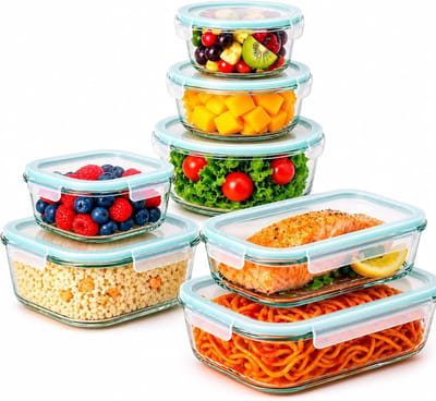 SnelShoppen - Glazen container met deksel 14 stuks, vershouddozen, BPA-vrij, 7 bakjes + 7 deksels, ideaal voor keuken, voedselopslag, voorraad, multif