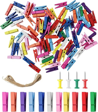 100 stuks kleurrijke mini-houten knijpers, 3,5 cm, kleine houten knijpers, fototouw met klemmen, mini-wasknijpers, hout, foto's, foto's, collages, decoratie en knutselen