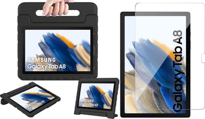 Hoes geschikt voor Samsung Galaxy Tab A8 - Screen Protector GlassGuard - Kinder Back Cover Kids Case Zwart & Screenprotector - 2021 / 2022