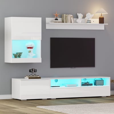 MODENUIT Tv-Meubelset - 3-Delig Met Ledverlichting En Hoogglans Fronten - Voor Woonkamer - Spaanplaat Wit