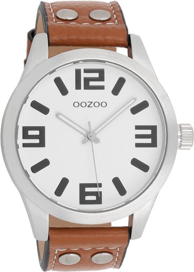 OOZOO Timepieces - Zilverkleurige horloge met bruine leren band - C1051