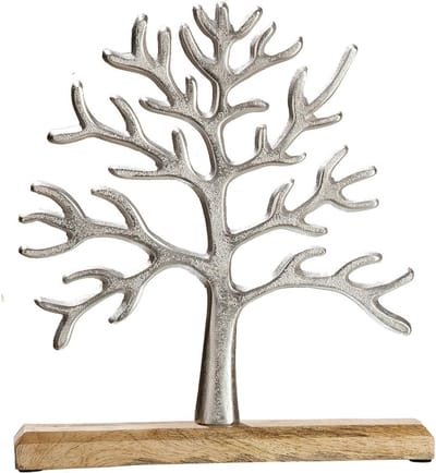 Tree of life - levensboom reliëf - aluminium / mangohout - zilverkleurig - hoogte 26 cm - beeld