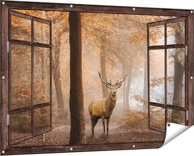 Gards Tuinposter Doorkijk Hert in het Bos - Herfst - 150x100 cm - Tuindoek - Tuindecoratie - Wanddecoratie buiten - Tuinschilderij