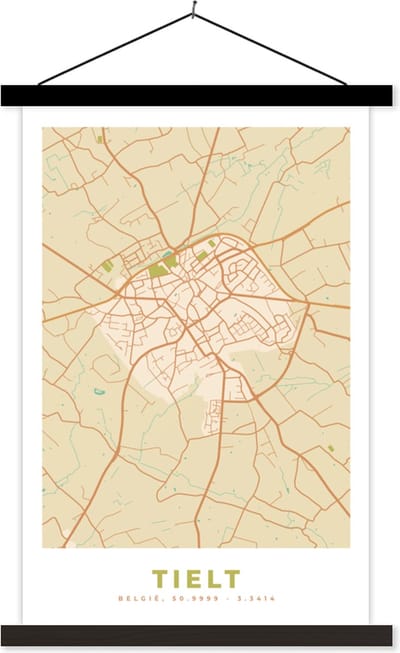 Posterhanger incl. Poster 40x60 cm - Schoolplaat - Tielt - Kaart - Plattegrond - België - Stadskaart - Textielposter - Zwarte latten - Stadskaart