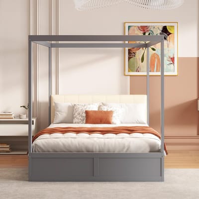 Pugsdrly Eenpersoonsbed Kinderbed Hemelbed 140x200 cm met grote lades en zachte rugleuning houten bed grijs