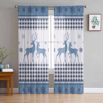 Kerst Rendier Sneeuwvlok Bule Ruit Transparante Gordijnen voor Woonkamer Decoratie Raamgordijnen Keuken Tule Voile Gordijnen W135 x H115cm x1 white