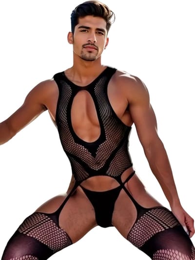 LekkerStout Jarretel Bodystocking - Zwart - Sexy Herenondergoed | S-L | ( LS074 )