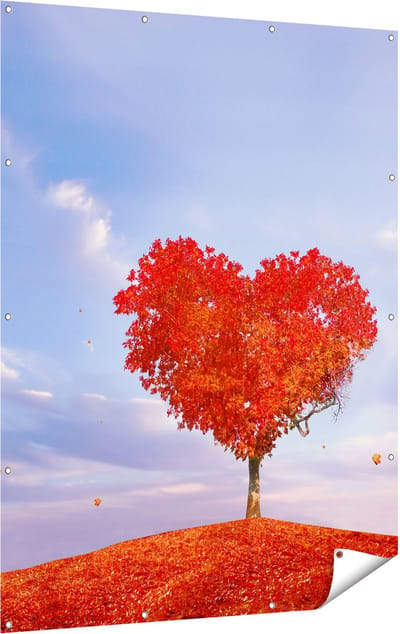 Gards Tuinposter Rode Liefde Boom in een Hart Vorm - 120x160 cm - Tuindoek - Tuindecoratie - Wanddecoratie buiten - Tuinschilderij
