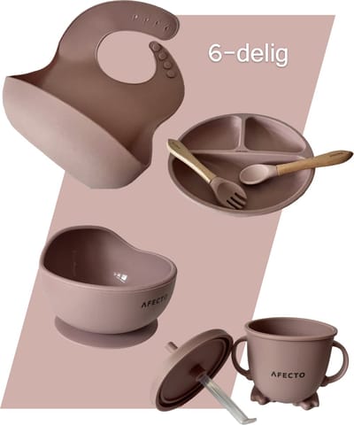 Siliconen Baby Eetset – 5-delig – Bord met Vakken, Lepel & Vork, Slab met Vangbakje, Zuignap Kom & Drinkbeker met Rietje – BPA-vrij - oud roze - complete set