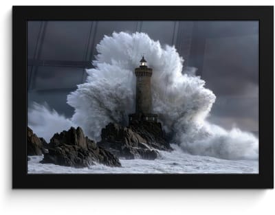 Poster in lijst - Fotolijst 30x20 cm - Posters - Golf - Vuurtoren - Schuimend water - Posterlijst zwart - Decoratie - Wanddecoratie woonkamer - Muurdecoratie slaapkamer