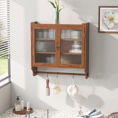 DESMIU Wandkast Vintage Glasdeuren Dubbele Deur Met Drie Lagen Opbergruimte En Handdoekrek Voor Badkamer Keuken En Eetkamer Bruin 63 Cm