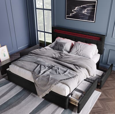MEUNIQ Bedframe 140x200 cm met LED-verlichting, verstelbaar hoofdbord en 4 lades – zwart, voor slaapkamer