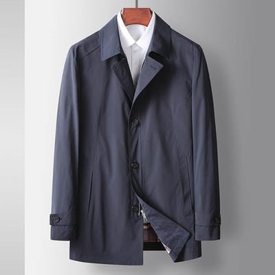 Heren Trenchcoat Lente en Herfst Revers Middellang Casual Trenchcoat Effen Kleur Middelbare Leeftijd en Jonge Mannen Zakelijke Jas 4XL blauw