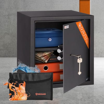 Brihard Business K Black Pearl Meubelkluis met Sleutelslot Gratis Brandwerende Tas 4mm Stalen Deur Zwart Satijn Inbraakwerende Kluis voor A4 Documenten Geld en Sieraden Inclusief Montagebouten Veiligheidskluis voor Thuis en Kantoor