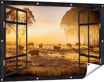 Gards Tuinposter Doorkijk Kudde Koeien in de Wei met Zonsopkomst - 120x80 cm - Tuindoek - Tuindecoratie - Wanddecoratie buiten - Tuinschilderij