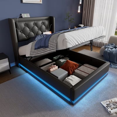 Sweiko Zacht Kussenbed Eenpersoonsbed 90x200 cm, Zwart PU Materiaal Hydraulisch Opbergbed, Zacht kussenhoofd met USB Type-C oplaadfunctie, 3-zijdige LED Functie (Geen matras)