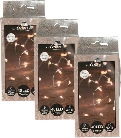 Anna's Collection Draadverlichting lichtsnoer - 3x - 40 led lampjes - warm wit - zilver draad - 200 cm - lichtdraad - kerstverlichting