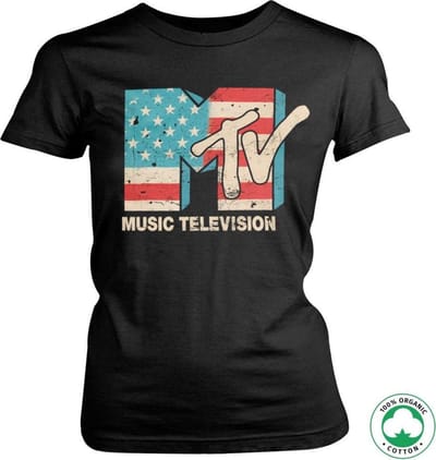MTV Dames Tshirt -S- Distressed USA Flag Organic Zwart