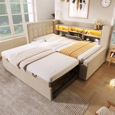DESMIU Gestoffeerd Bed 90x200 cm – Uitschuifbed Met Ledverlichting En Oplaadpunten – L-Vormig Hoofdbord Met Opbergruimte – Voor Slaapkamer – Linnen – Beige – Zonder Matras