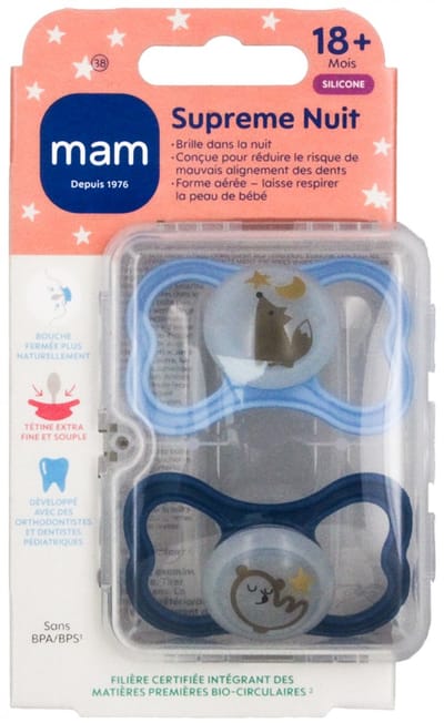 MAM 2 Fopspenen Supreme Nuit 18 Maanden en + (Kleur : Vos en blauwe beer)