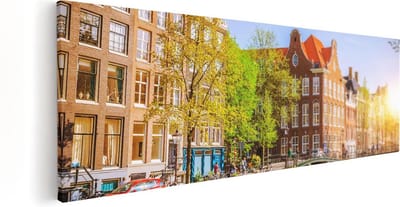 Artaza Canvas Schilderij Amsterdam - 60x20 cm - Wanddecoratie Grachtenpanden - Muurdecoratie Woonkamer - Kamer Accessoires Boot