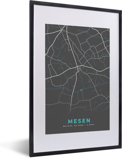 Fotolijst incl. Poster - België – Mesen – Stadskaart – Kaart – Blauw – Plattegrond - 40x60 cm - Posterlijst