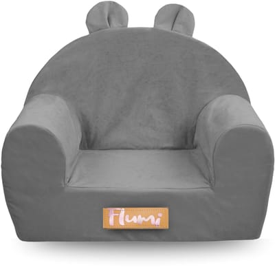 Flumi Kinderfauteuil met oortjes - Schuim fauteuil voor kinderen - Grijs - Zacht - Lichtgewicht