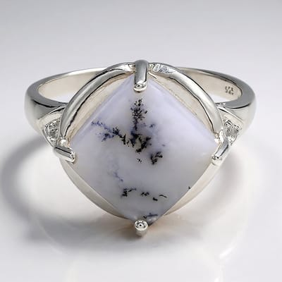 Cavill - Zilveren Ring met 3,51 ct Dendrieten Agaat - 925 Sterling Zilver - Antiek Kussen Cabochon - Witte Topaas Accenten - Uniek & Elegant