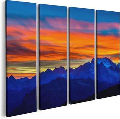 Artaza Canvas Schilderij Vierluik Oranje Zonsondergang In De Bergen - 80x60 - Foto Op Canvas - Canvas Print