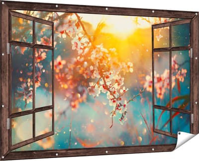 Gards Tuinposter Doorkijk Bloesemboom tijdens Zonsondergang - Bloem - 180x120 cm - Tuindoek - Tuindecoratie - Wanddecoratie buiten - Tuinschilderij