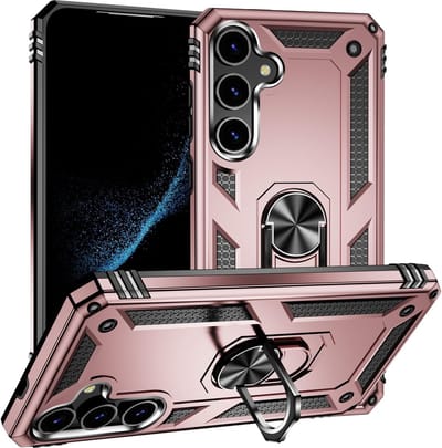 Casemania Hoesje Geschikt voor Samsung Galaxy S24 Rosegoud - Anti-Shock Hybrid Armor Back Cover - Hoes met Kickstand Ring
