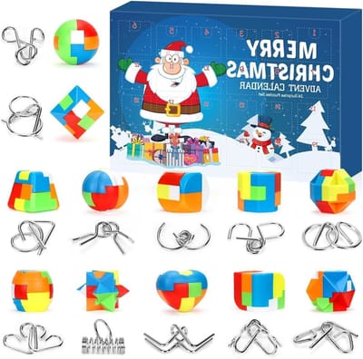 Puzzel Adventskalender - Kerstkalender Spelletjes - Dagelijkse Uitdaging - 24 Unieke Puzzels - 0.43 Kilogram - Grijs/Blauw