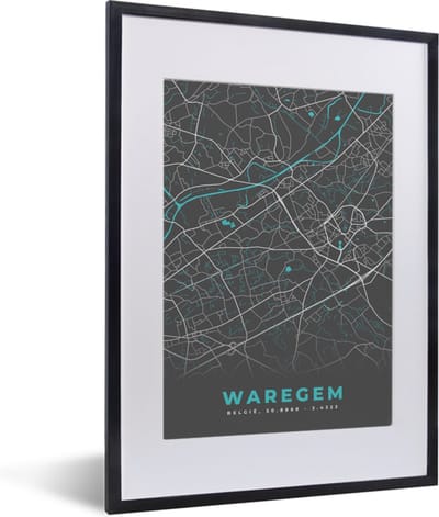 Fotolijst incl. Poster - België – Waregem – Stadskaart – Kaart – Blauw – Plattegrond - 30x40 cm - Posterlijst