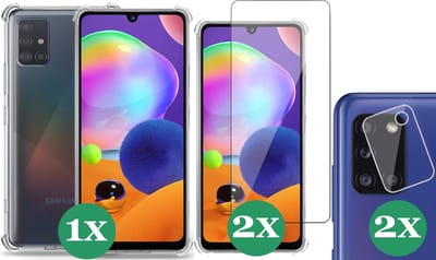 Hoesje geschikt voor Samsung Galaxy A31 - 2x Screenprotector Glas & 2x Camera Screen Protector - Transparant Shock Case
