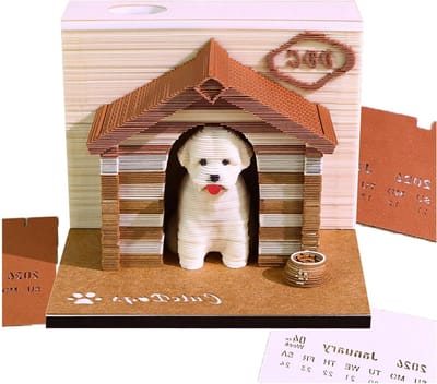 Papierkunst Kalender - Memoblok - Bureau Decoratie - 3D Puppy Sculptuur - 3.3 x 3.3 inch - Bruin