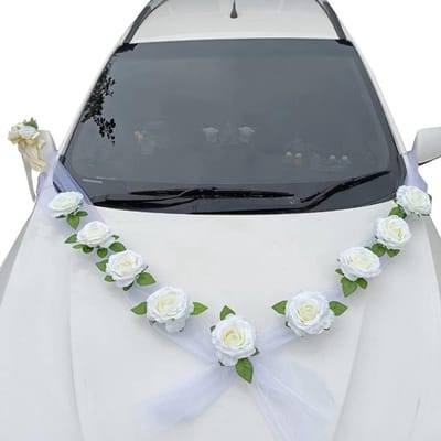 Auto Bloemen Decoratie - Bruiloft Auto - Feestelijke Versiering - Eenvoudige Bevestiging - 20x15x15 cm - Wit