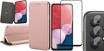 Hoesje geschikt voor Samsung Galaxy A13 4G - Book Case Kunstlederen Wallet Cover Minimalistisch Pasjeshouder Hoes Roségoud - Full Tempered Glass Screenprotector - Camera Lens Protector